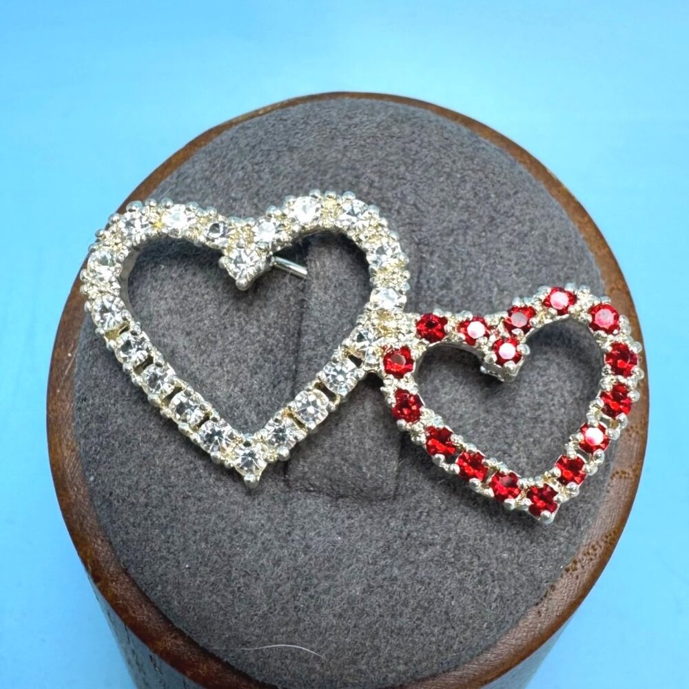 Red & White Cubic Zirconia Heart Brooch Sterling Silver 925 Size 1.5'' Length